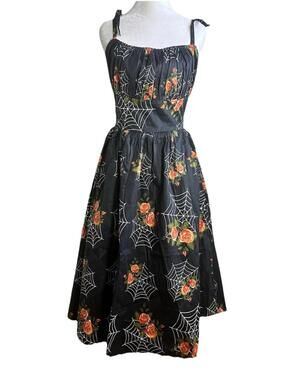 Louella De Ville Rockabilly Dress Ghoul Glam Pin-Up Web And Rose  Sz 12 NWT